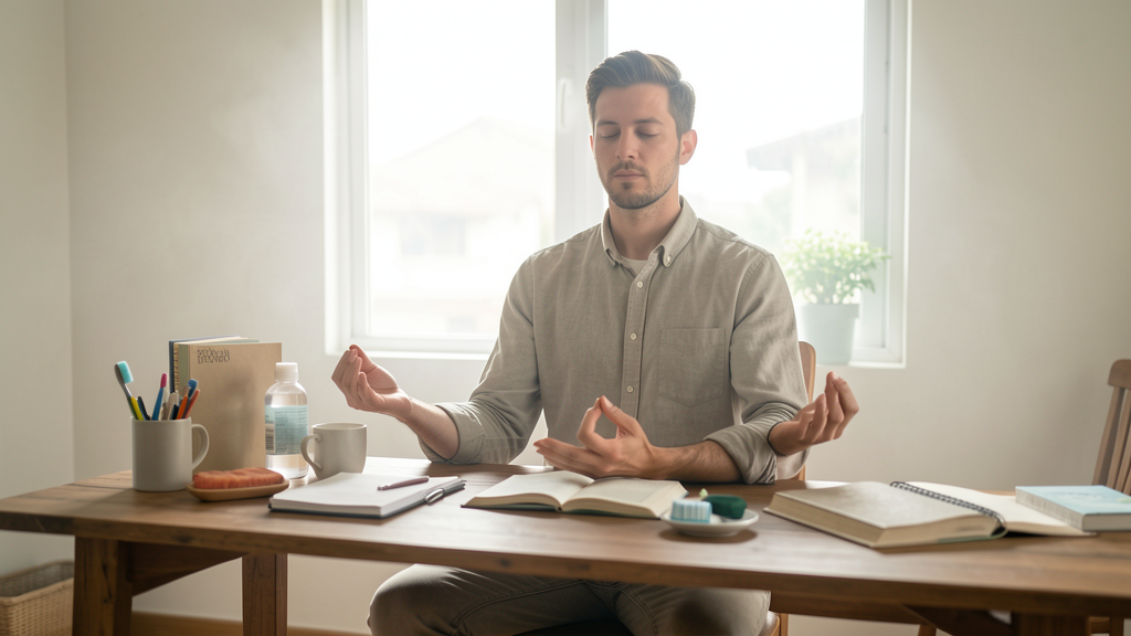 Imagem editorial ilustrando Escovar os dentes e meditar: O empilhamento de hábitos como âncora contra o esquecimento